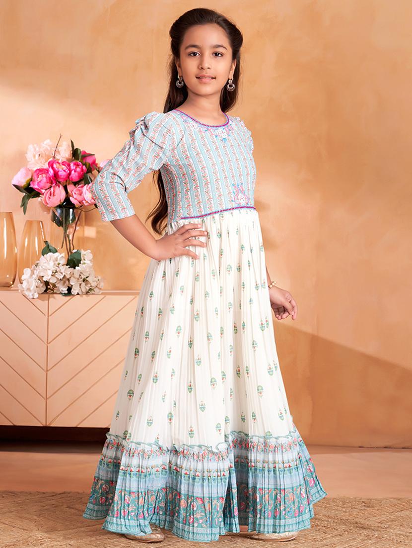 girls printed puff sleeves tiered gown - 22012109 - Standard Image - 1