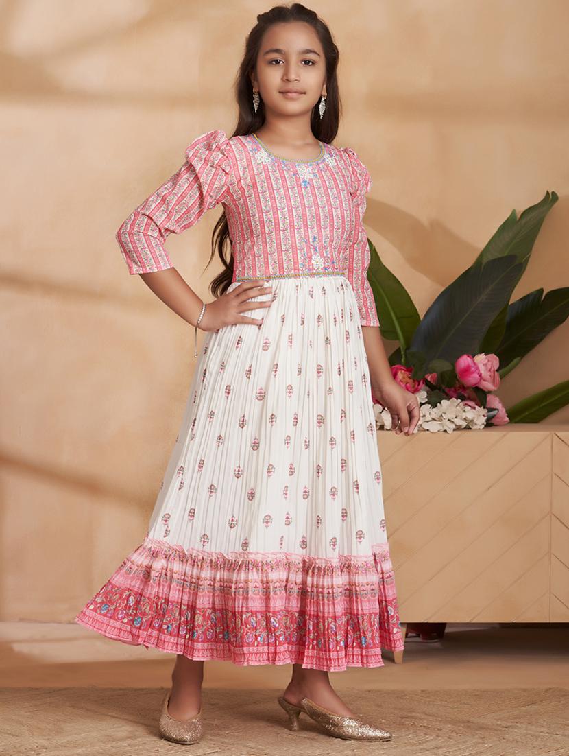 girls printed puff sleeves tiered gown - 22012111 -  Standard Image - 1