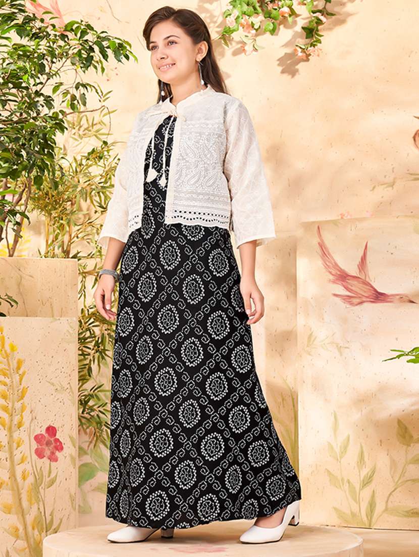 girls printed a-line gown with jacket - 22012131 -  Standard Image - 1