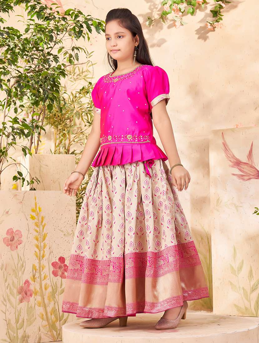 girls embroidered puff sleeve lehenga choli set - 22012165 -  Standard Image - 1