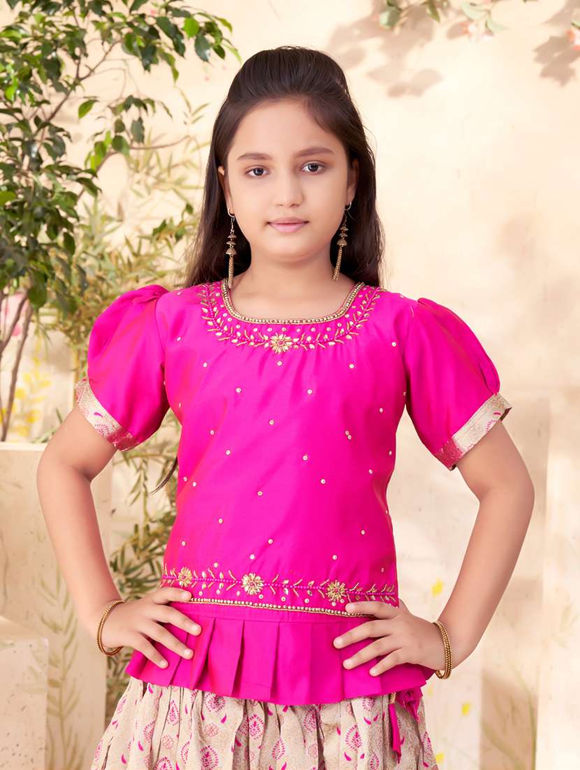 girls embroidered puff sleeve lehenga choli set - 22012165 -  Standard Image - 4