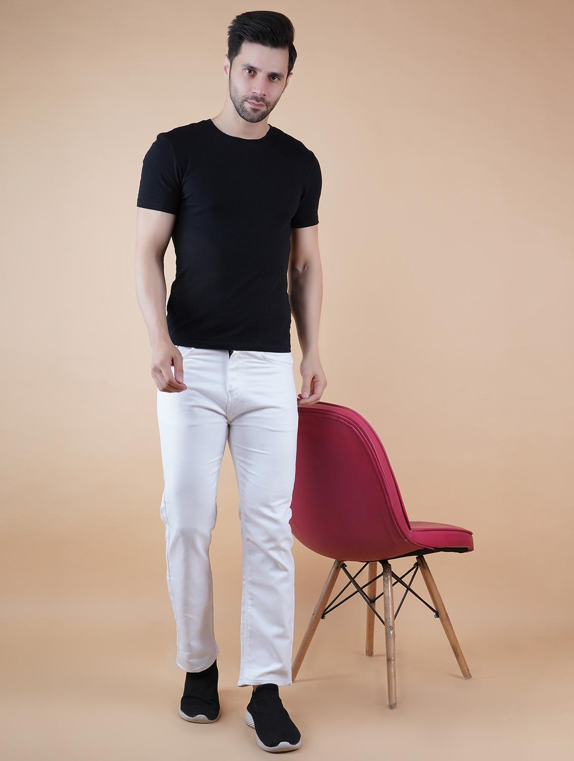 men white plain mid rise straight fit jeans - 22012223 -  Standard Image - 1