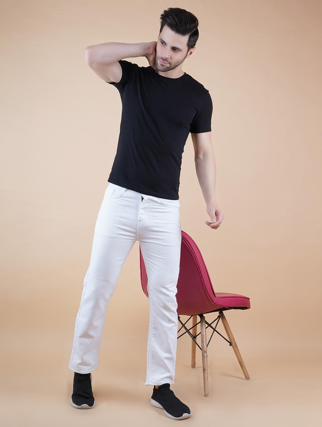 men white plain mid rise straight fit jeans - 22012224 - Standard Image - 1