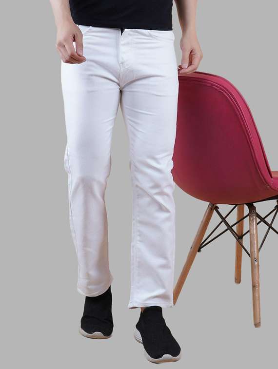 men white plain mid rise straight fit jeans