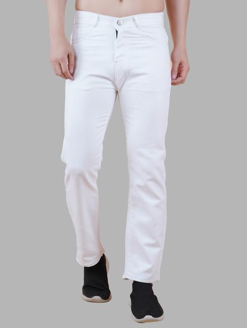 men white plain mid rise straight fit jeans - 22012254 - Standard Image - 0