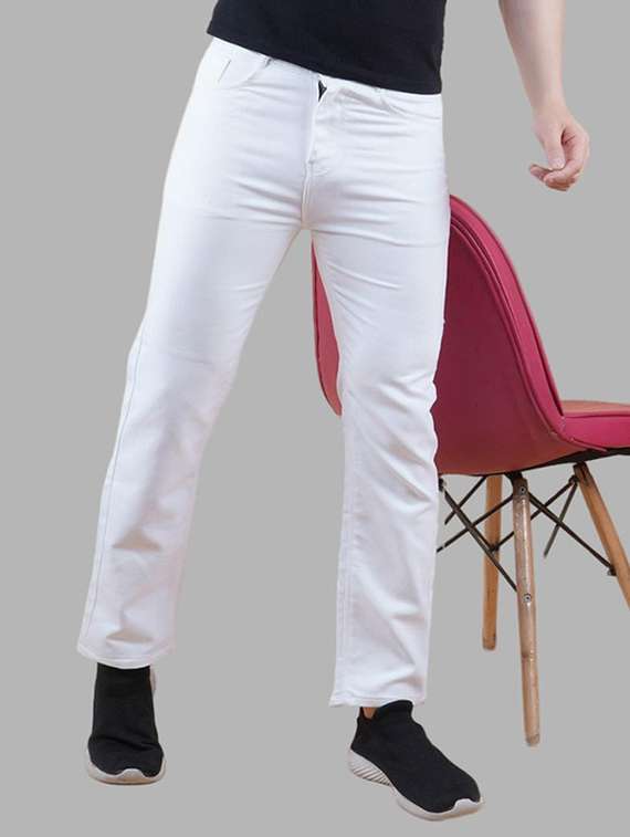 men white plain mid rise straight fit jeans