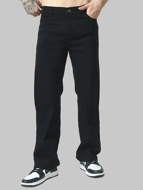 men black plain mid rise baggy jeans - 22012285 -  Standard Image - 0