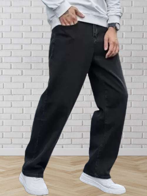 men black plain mid rise baggy jeans - 22012287 -  Standard Image - 0