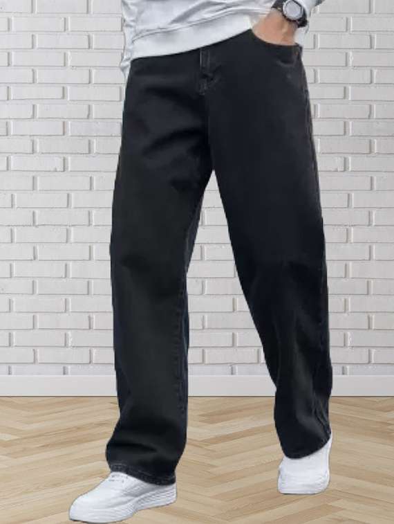 men black plain mid rise baggy jeans - 22012287 - Standard Image - 1