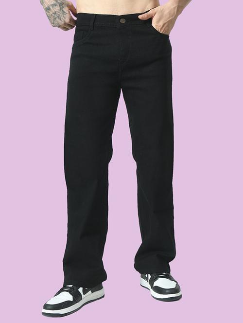 men black plain mid rise baggy jeans - 22012340 -  Standard Image - 0