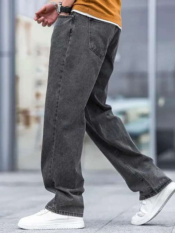 men grey plain mid rise baggy jeans - 22012367 -  Standard Image - 1