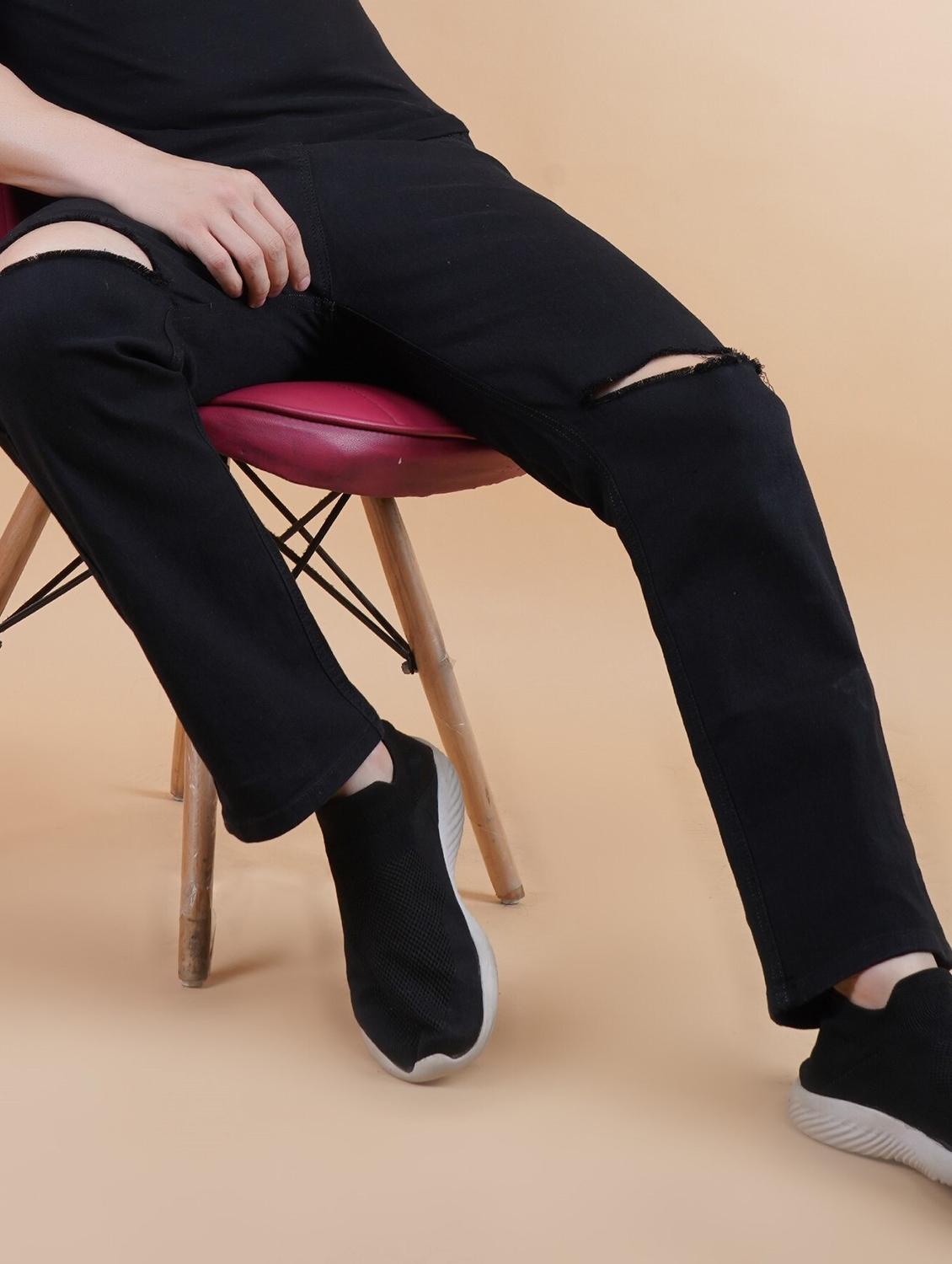 men black slash knee mid rise relaxed fit jeans - 22012402 -  Standard Image - 1