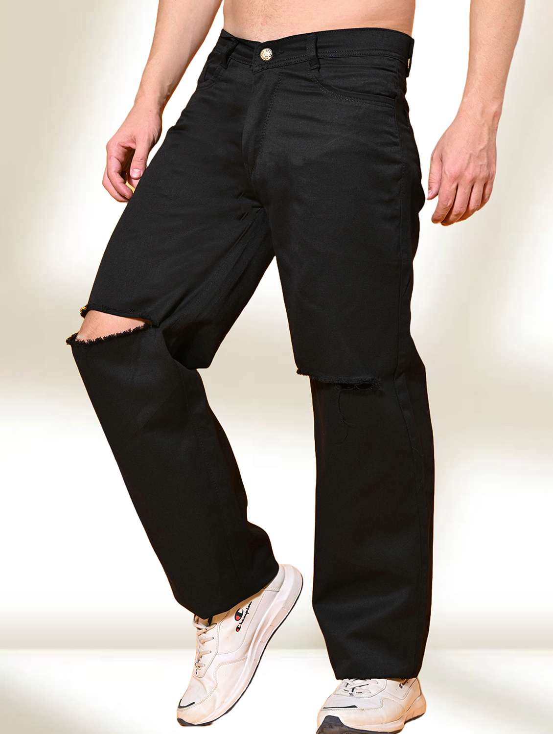 men black slash knee mid rise relaxed fit jeans - 22012409 - Zoom Image - 0