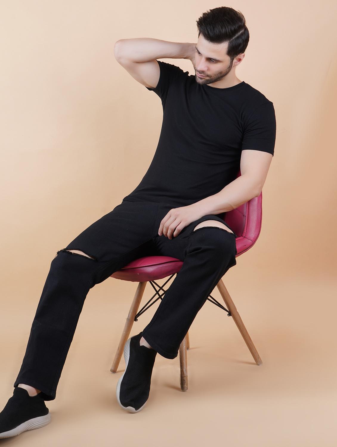 men black slash knee mid rise relaxed fit jeans - 22012419 -  Standard Image - 1