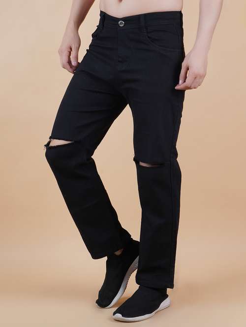 men black slash knee mid rise relaxed fit jeans - 22012421 - Standard Image - 0
