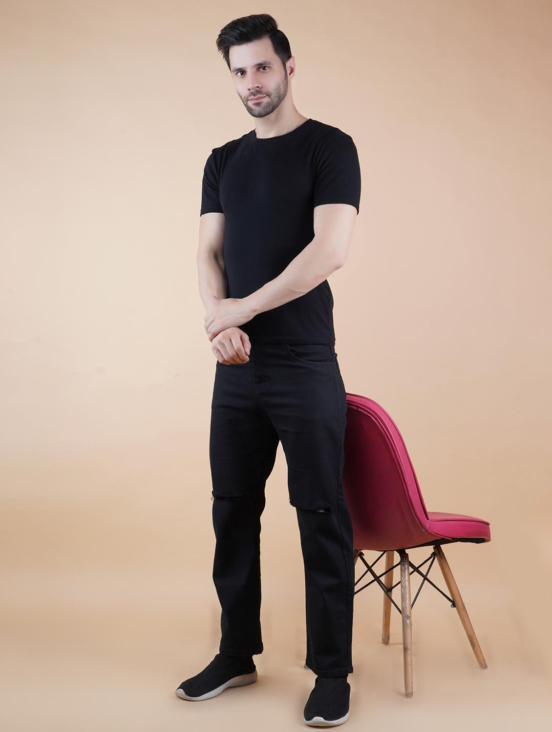 men black slash knee mid rise relaxed fit jeans - 22012421 - Standard Image - 1