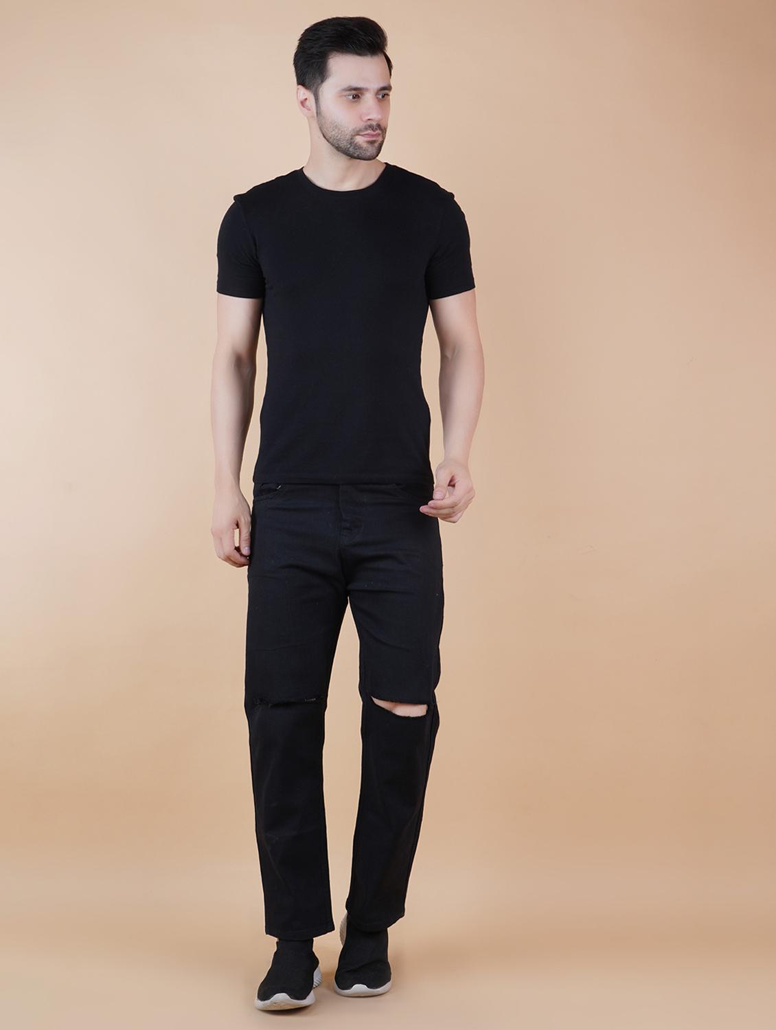 men black slash knee mid rise relaxed fit jeans - 22012422 -  Standard Image - 1