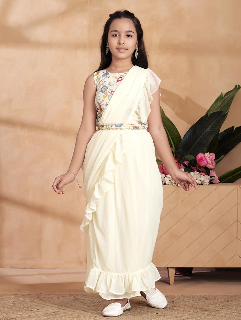 girls crem solid ruffle redy to wear saree - 22012429 - Standard Image - 1