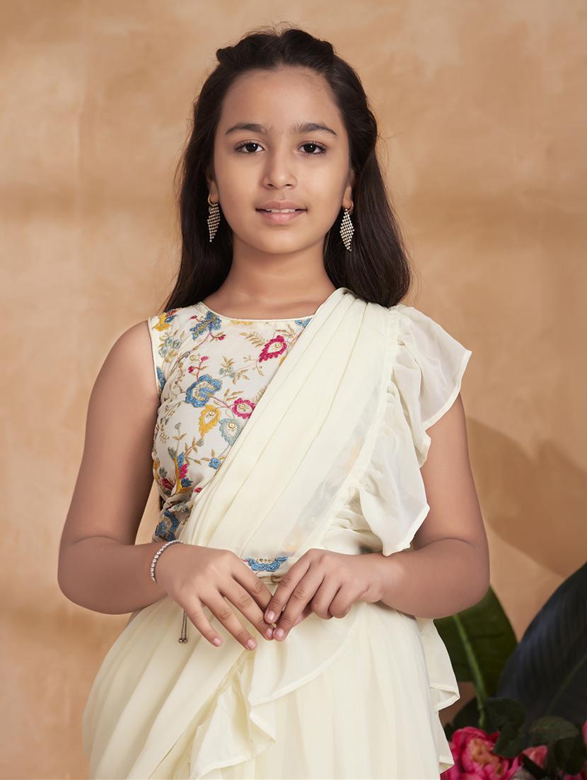 girls crem solid ruffle redy to wear saree - 22012429 - Standard Image - 4