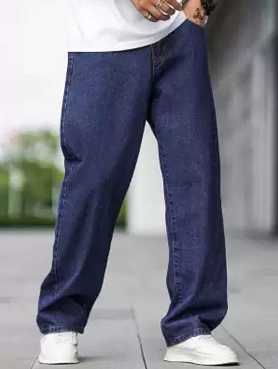 men blue plain mid rise baggy jeans