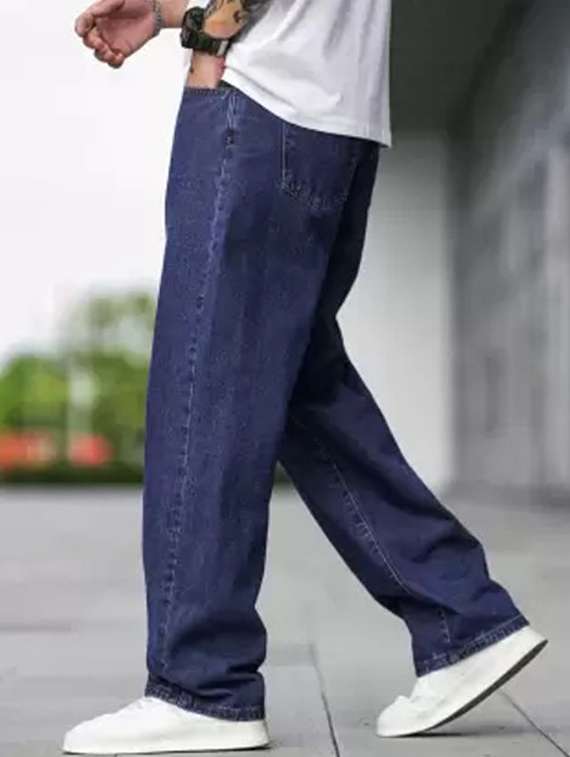 men blue plain mid rise baggy jeans - 22012434 -  Standard Image - 1
