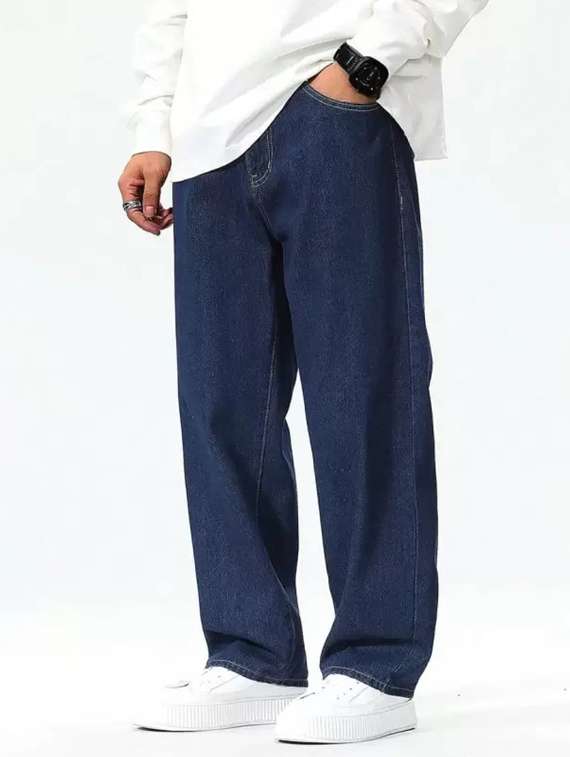 men blue plain mid rise baggy jeans - 22012436 -  Standard Image - 1