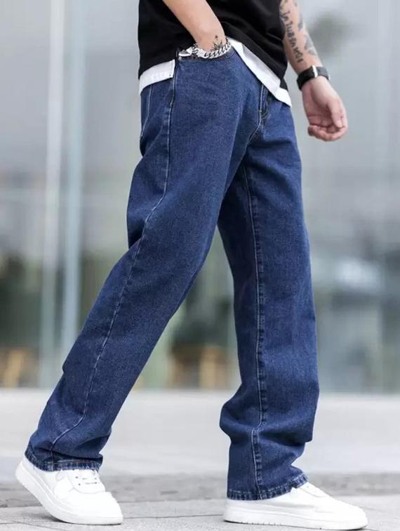 men blue plain mid rise baggy jeans - 22012460 - Standard Image - 1