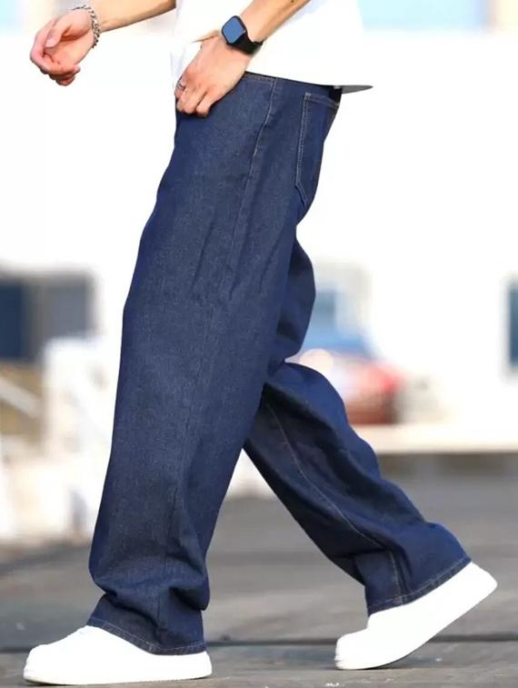 men blue plain mid rise baggy jeans - 22012462 - Standard Image - 1
