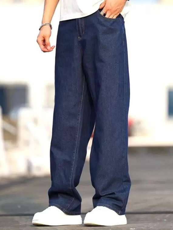 men blue plain mid rise baggy jeans