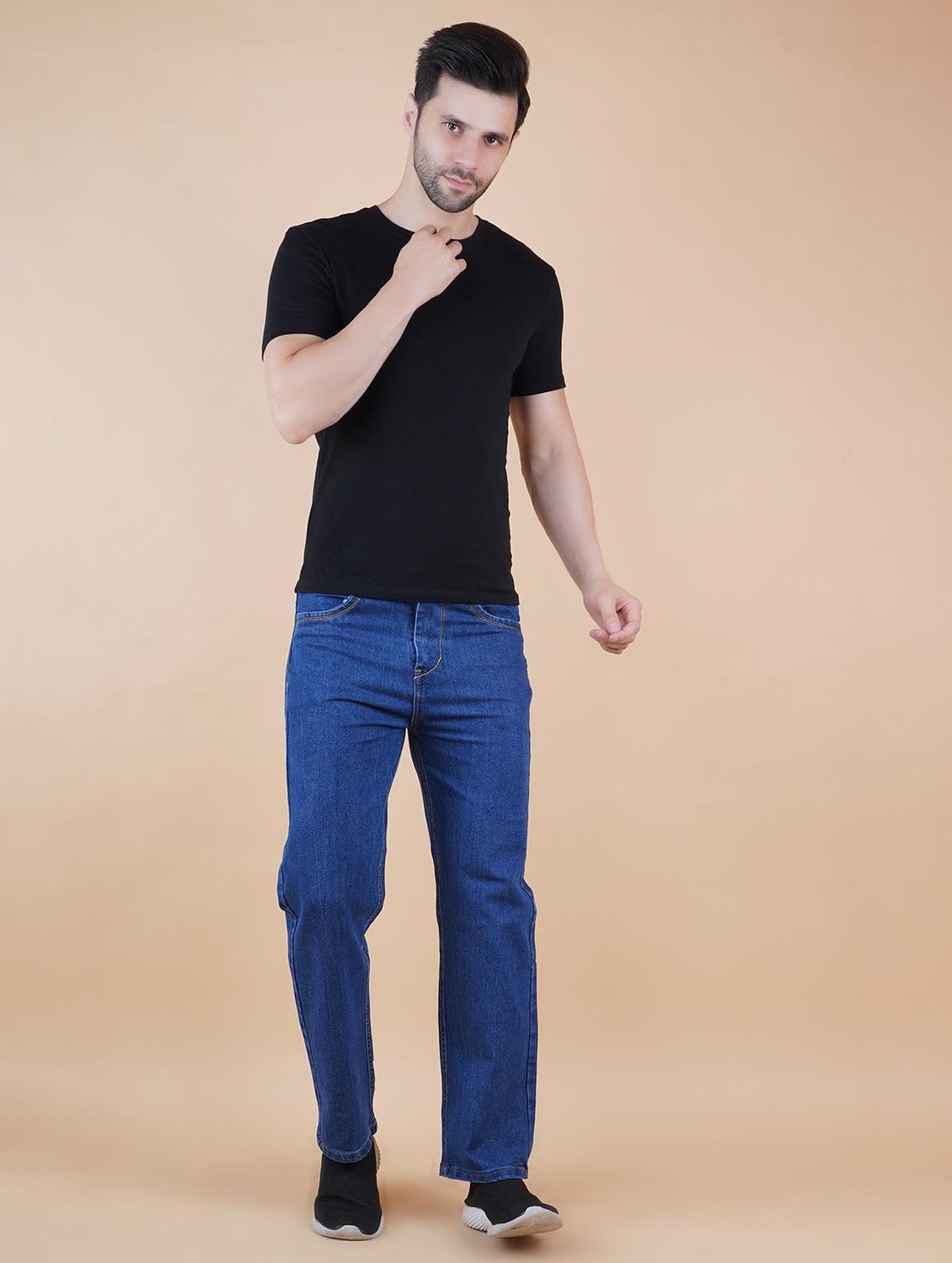 men blue plain mid rise straight fit jeans - 22012479 - Standard Image - 1