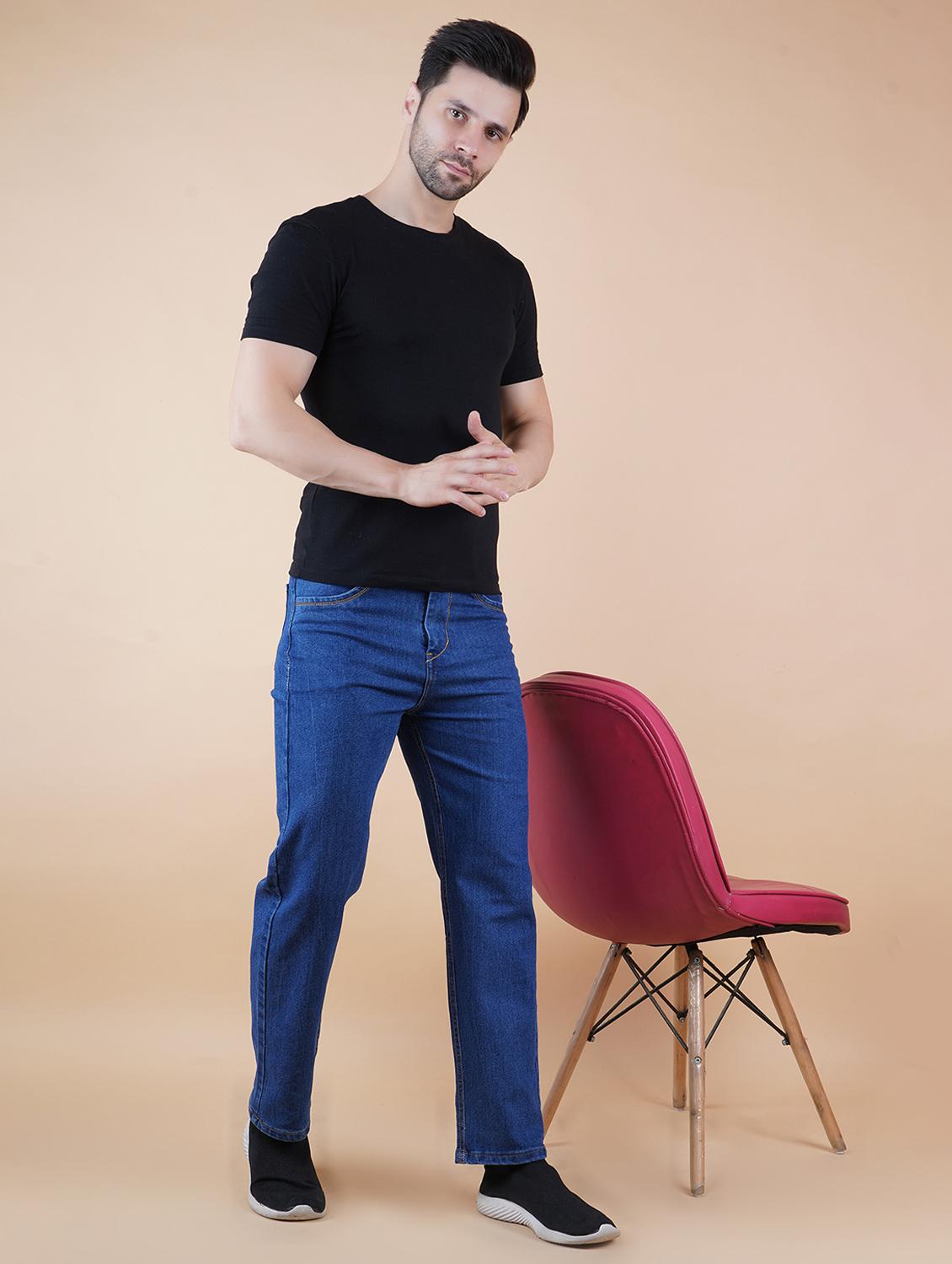 men blue plain mid rise straight fit jeans - 22012487 - Standard Image - 1
