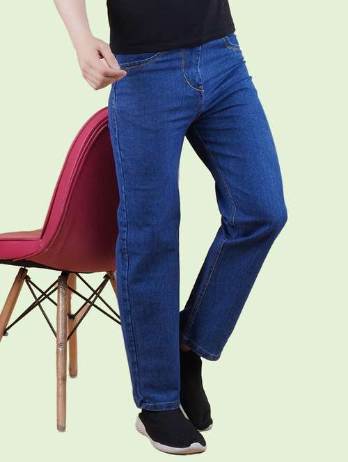 men blue plain mid rise straight fit jeans - 22012506 - Standard Image - 0