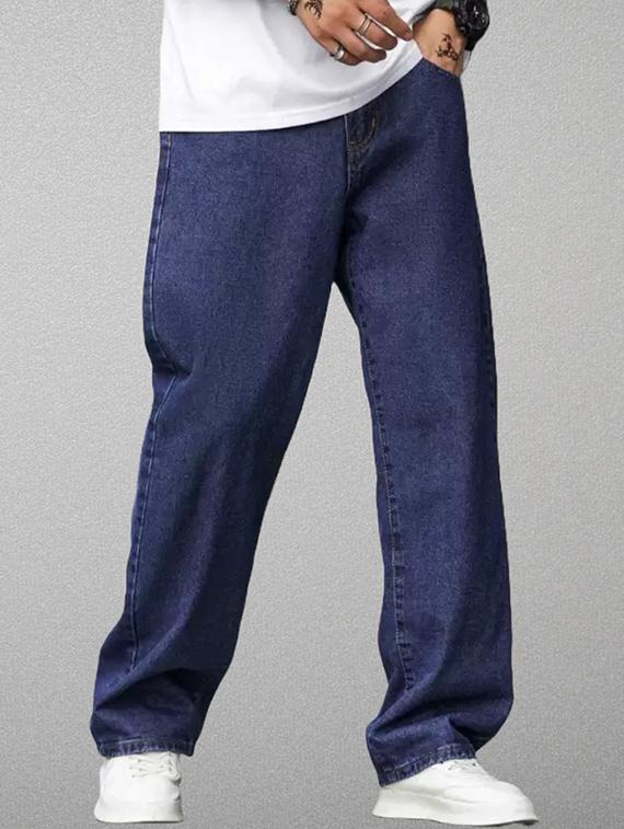 men blue plain mid rise baggy jeans - 22012521 -  Standard Image - 1