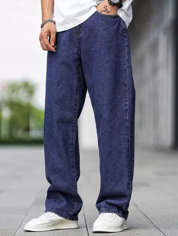 men blue plain mid rise baggy jeans