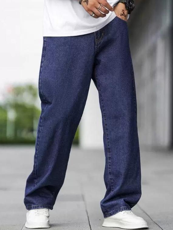 men blue plain mid rise baggy jeans - 22012522 -  Standard Image - 1
