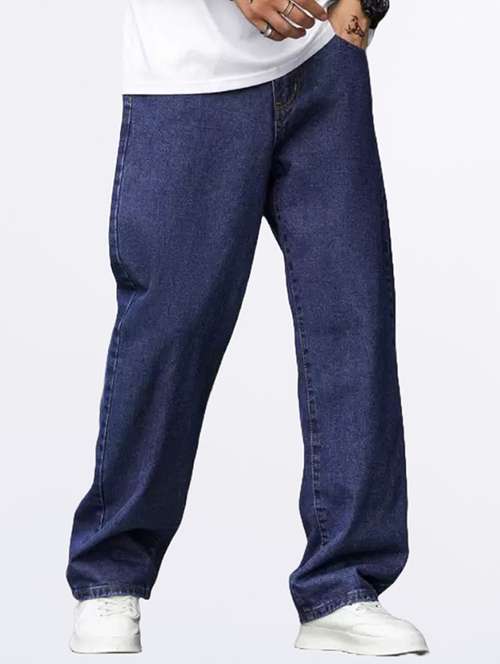 men blue plain mid rise baggy jeans - 22012523 - Standard Image - 0