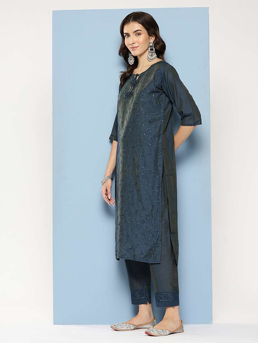 women embroidered three quarter sleeve kurta pant with dupatta set - 22012616 -  Standard Image - 1