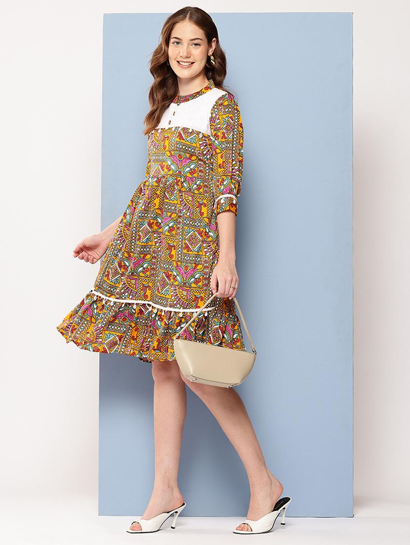 women printed mandarin neck tiered dress - 22012629 - Standard Image - 1