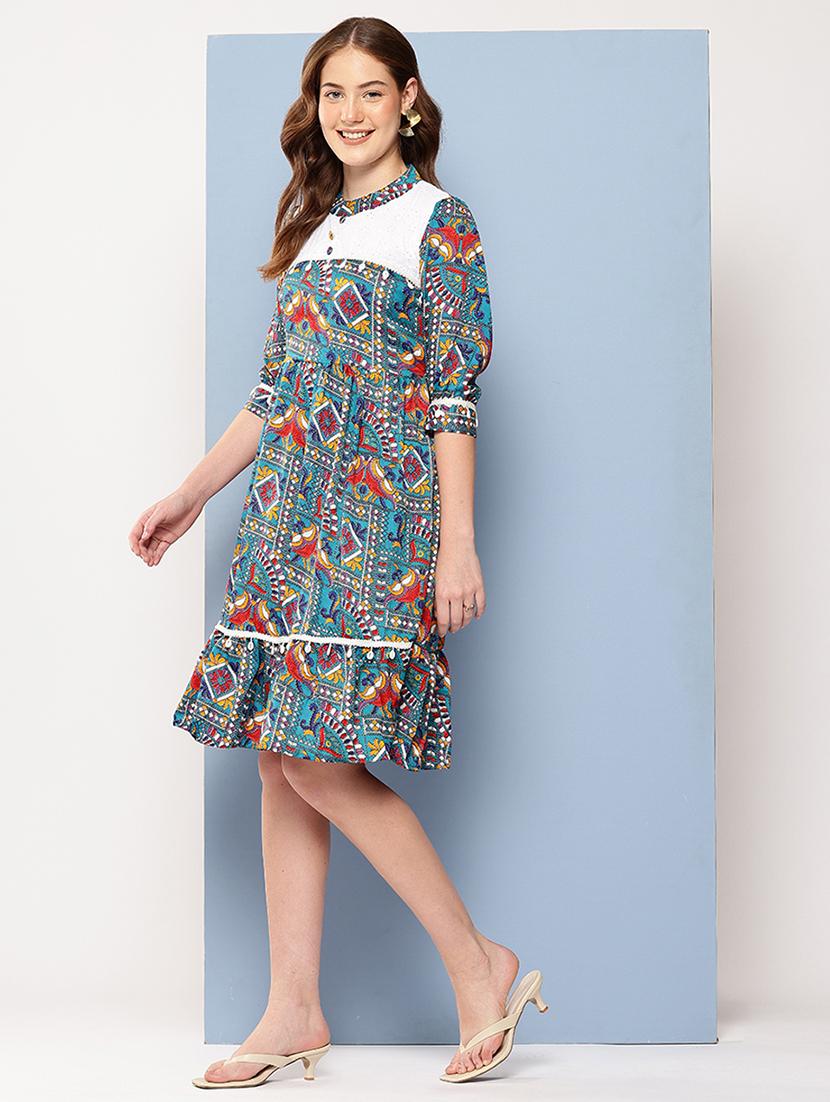 women printed mandarin neck tiered dress - 22012630 - Standard Image - 1