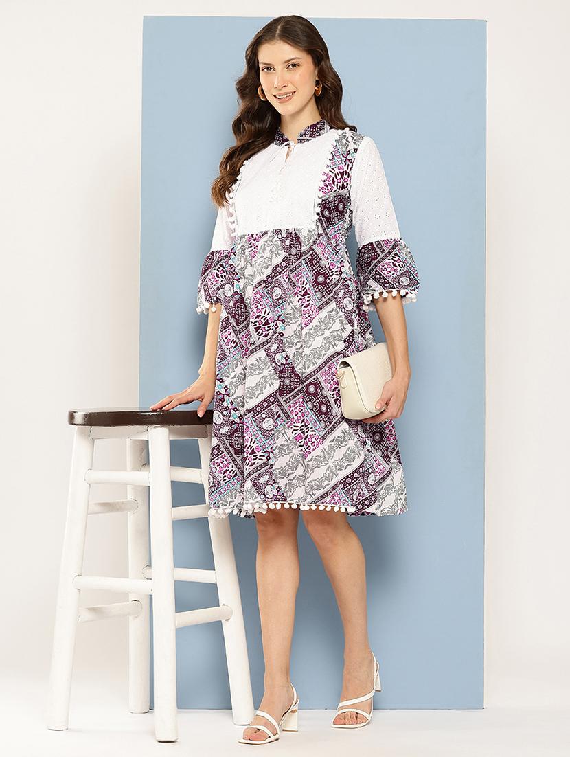 women printed mandarin neck a-line dress - 22012632 -  Zoom Image - 0