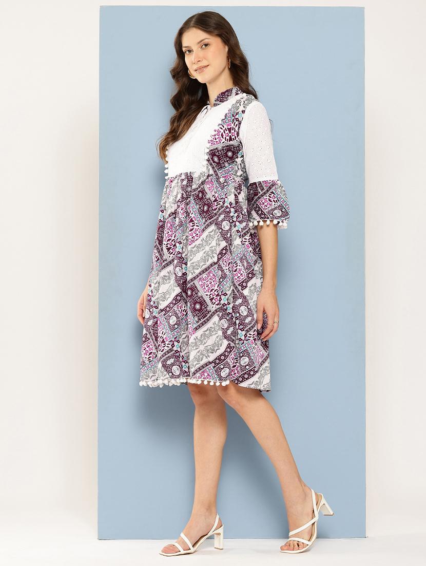 women printed mandarin neck a-line dress - 22012632 -  Standard Image - 1