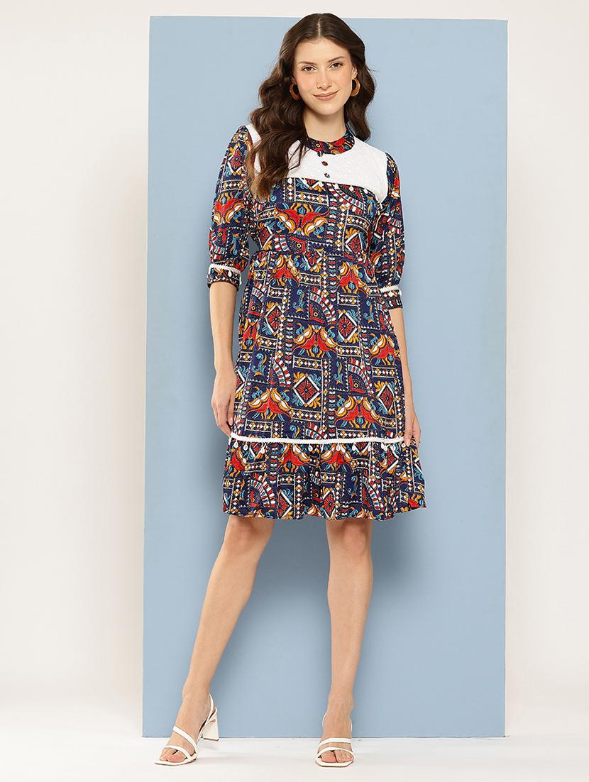 women printed mandarin neck tiered dress - 22012633 -  Standard Image - 1