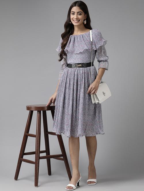 women printed three quarter sleeve fit and flare dress - 22012635 - Standard Image - 0