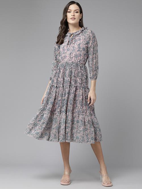 women printed puff sleeve tiered dress - 22012637 - Standard Image - 0