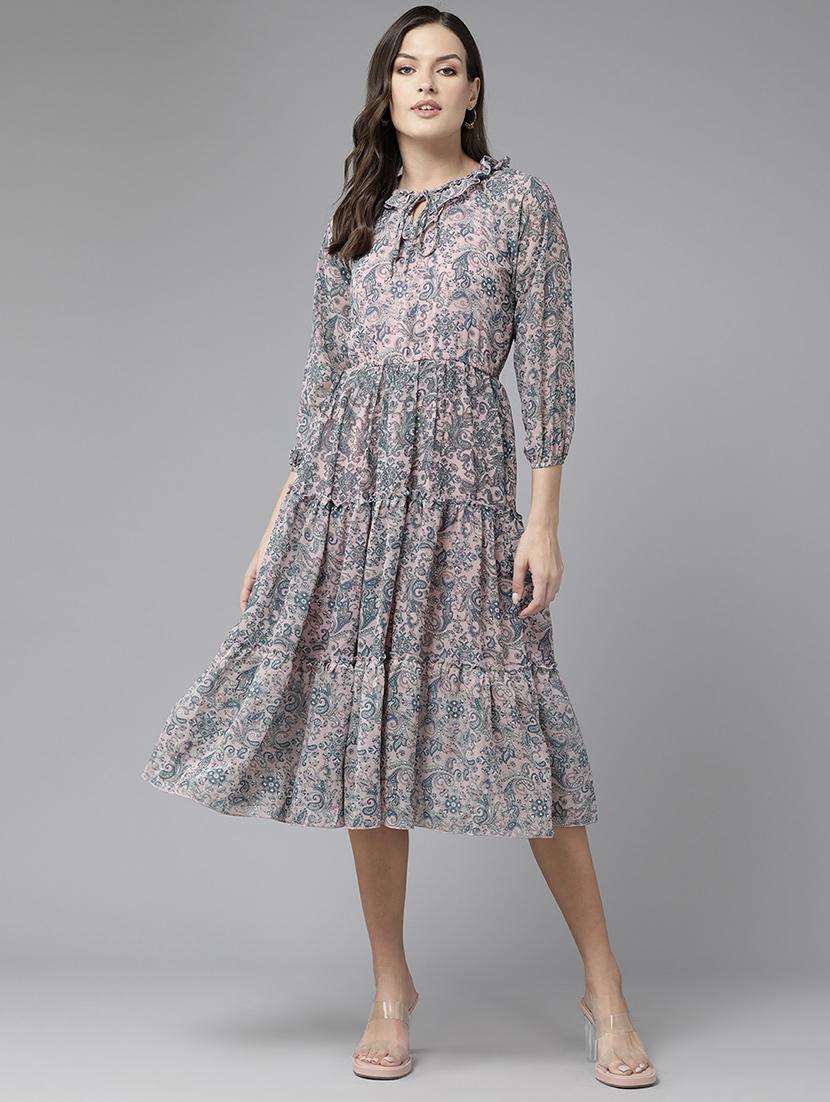 women printed puff sleeve tiered dress - 22012637 - Zoom Image - 0