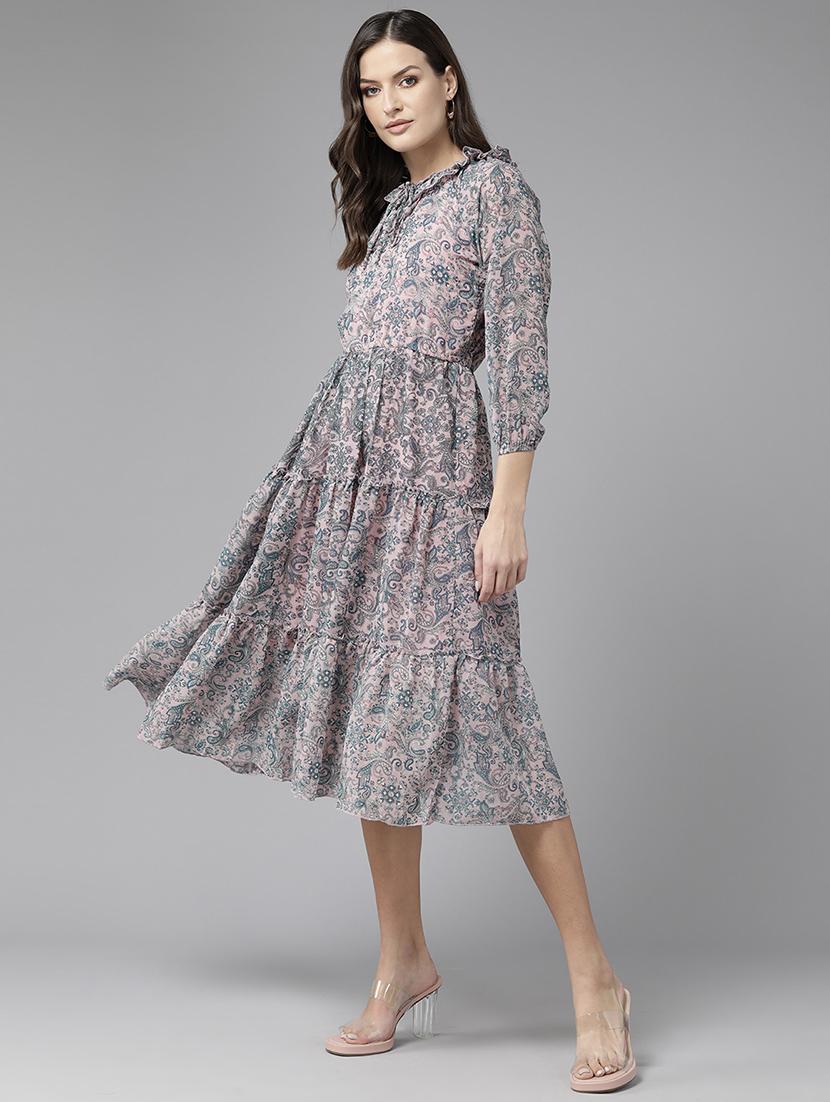 women printed puff sleeve tiered dress - 22012637 - Standard Image - 1