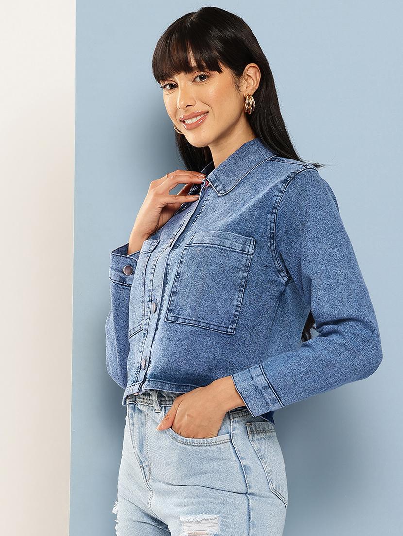 women solid long sleeve denim jacket - 22012641 - Standard Image - 1