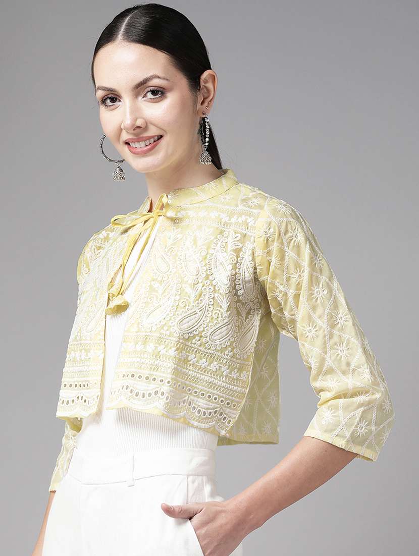 women solid with work three quarter sleeve ethnic jacket - 22012643 -  Standard Image - 1
