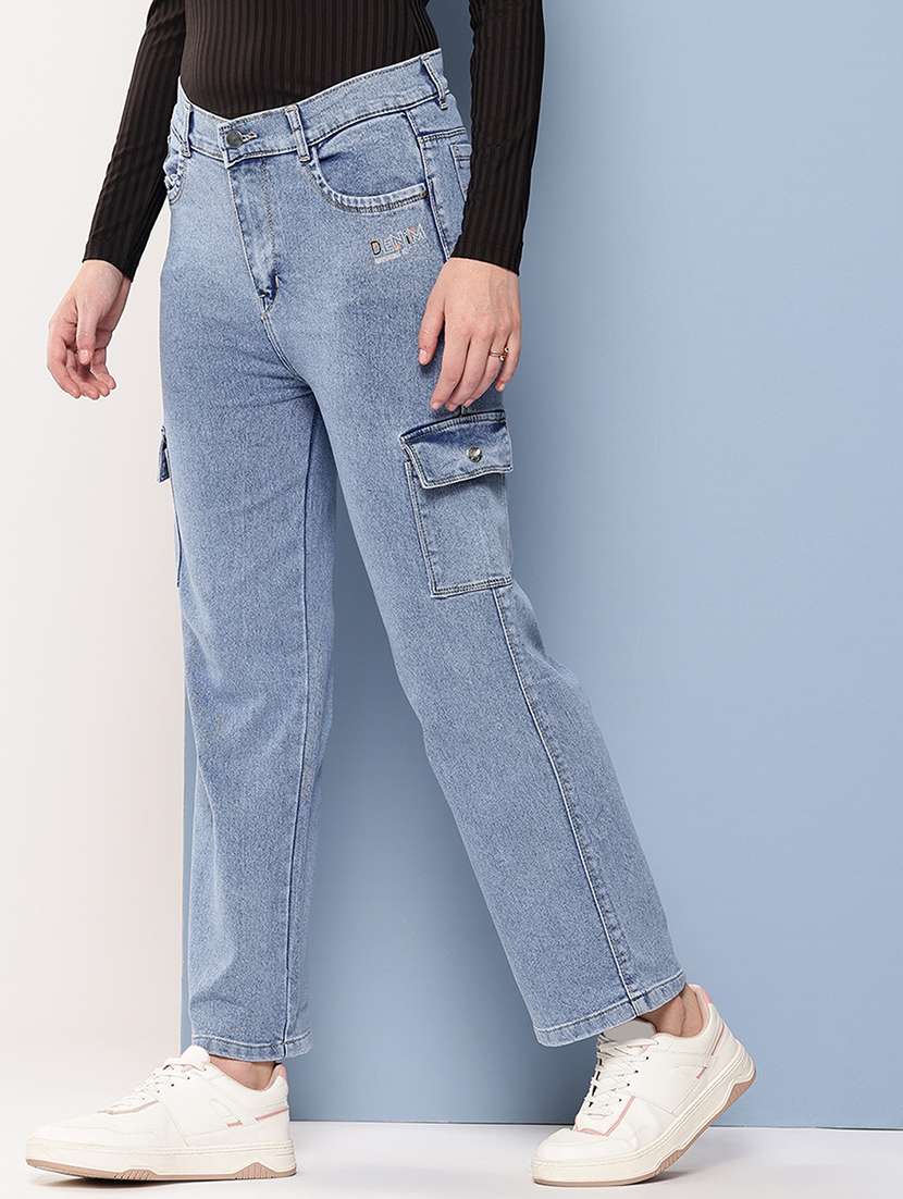 women solid mid rise denim cargo - 22012645 -  Standard Image - 1