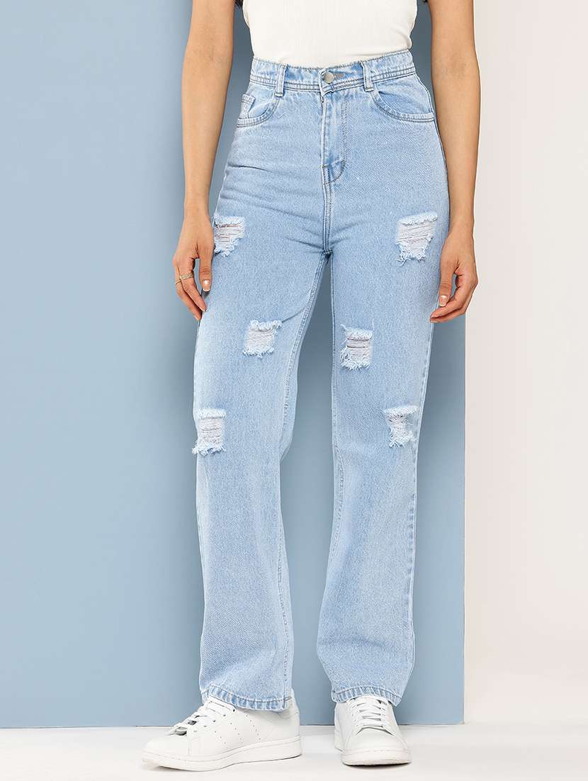 women distressed high rise straight fit jean